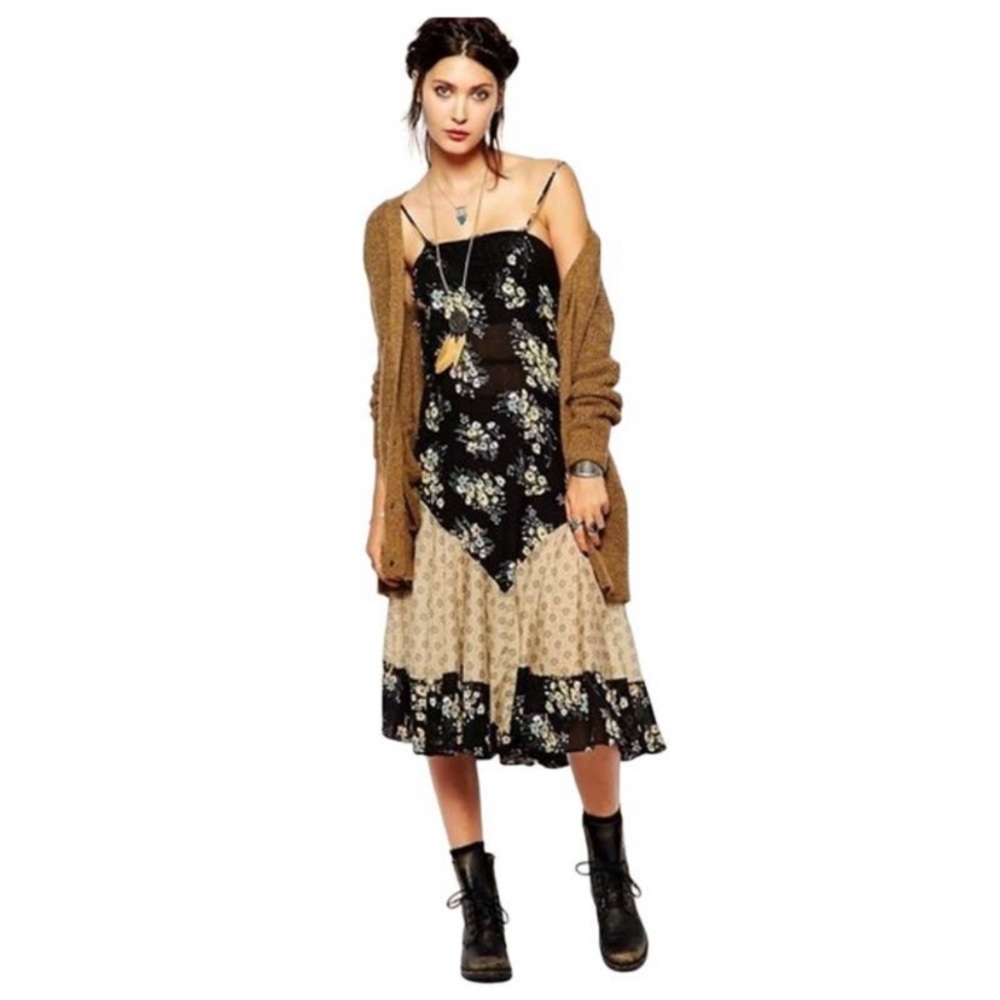 Free people intimately floral black and yellow lace handkerchief dress